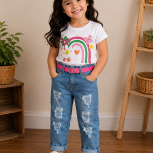 conjunto calça jeans e blusa de malha fria, acompanha charmoso cinto rosa