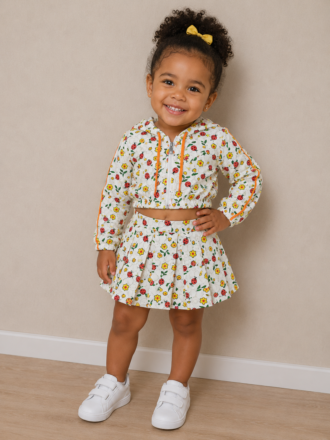 Conjunto cropped de manga longa com capuz e saia rodada estampada